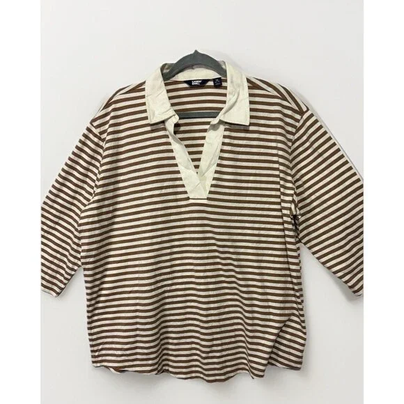 Lands End Polo Shirt Womens Brown White Stripe Long Sleeve Rugby Top 1X Preppy - Picture 2 of 8